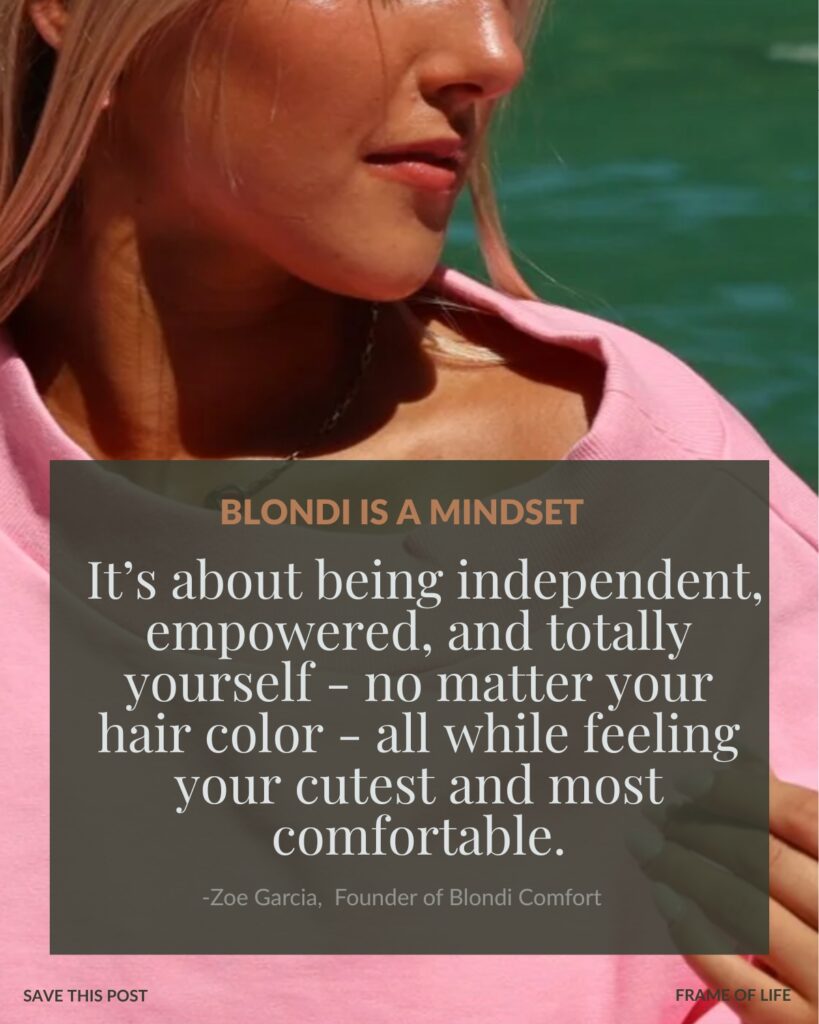 zoe Garcia blonde girl looking over her shoulder with a quote about reframing the word blondie