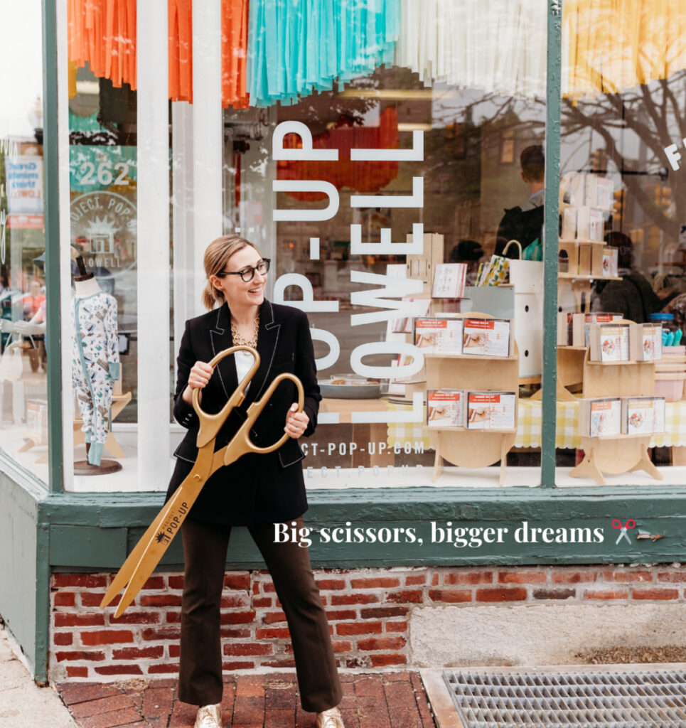 Allison yee helps pop-up shops open  retail storefronts with big scissors to match big dreams. 