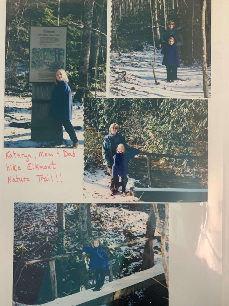 Kathryn Novak and parents at Elkmont Nature Trail as a childhood scrapbook page memory