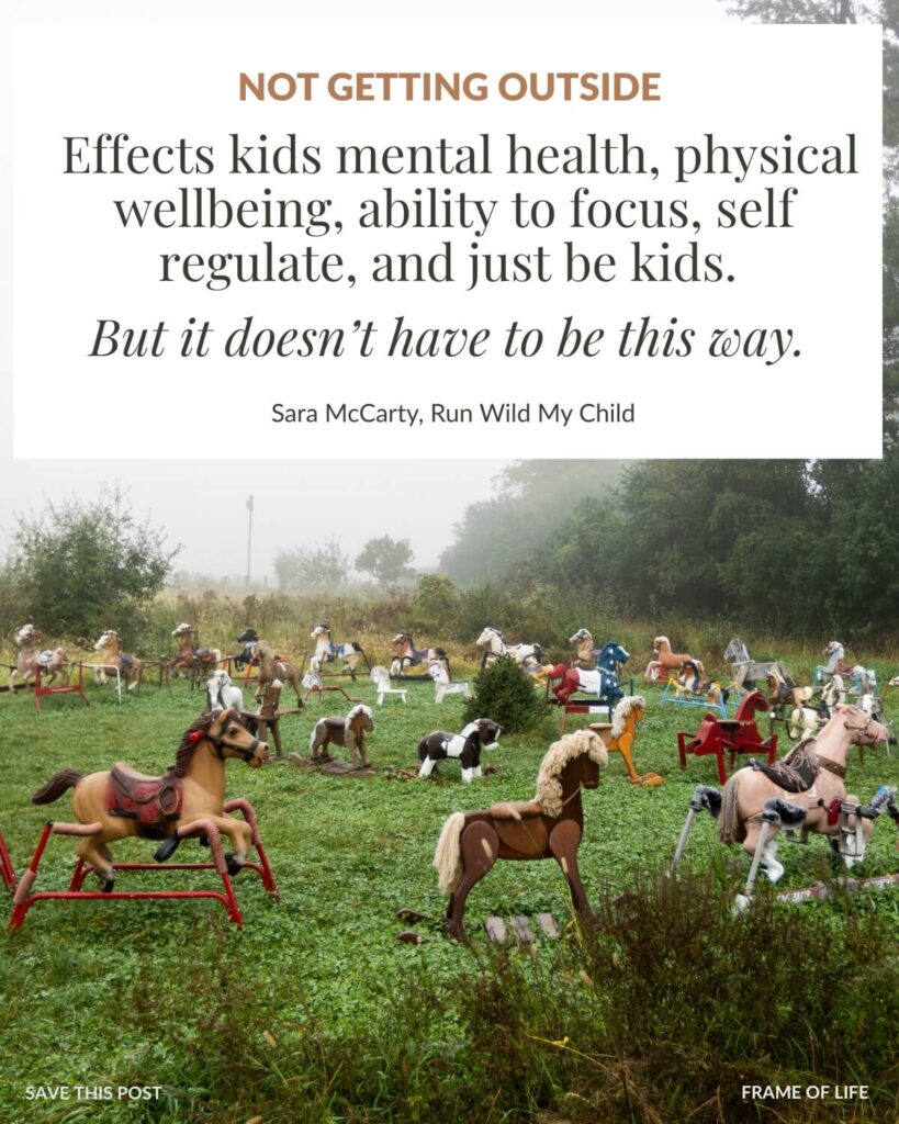 photo of Ponyhenge in Lincoln MA, featuring abandoned rocking horses in a circle in a foggy field. with a quote from Sara McCarty, Founder of Run Wild My Child that says:

"Not getting outside effects kids mental health, physical wellbeing, ability to focus, self regulate and just be kids. But it doesn't have to be that way."