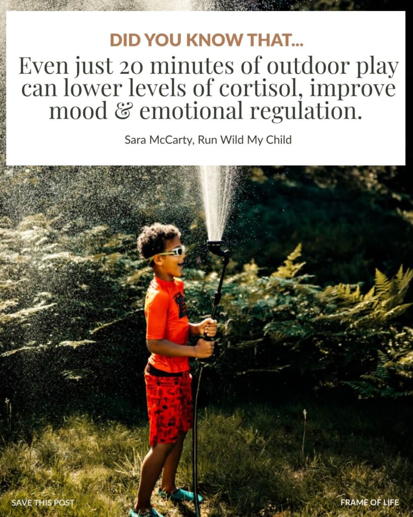Quote by Sara McCarty, founder of Run Wild My Child: "Did you know that even just 20 minuts of outdoor play can lower levels of cortisol, improve mood & emotional regulation."

overlayed on image of young boy wearing a bathing suit and goggles, spraying a hose into the air and splashing himself with water. 

Photo Credit: Juelz Jourdan @juelz_jourdan on Instagram